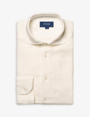 Shop Eton Mens White Long-sleeved Single-cuff Regular-fit Linen Shirt