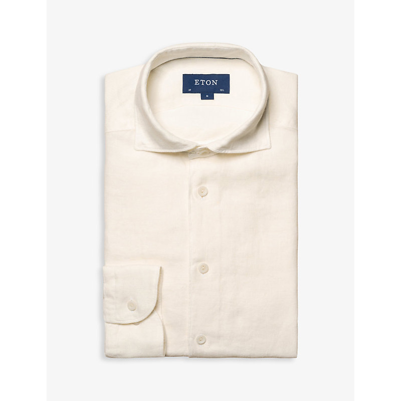 Shop Eton Long-sleeved Single-cuff Regular-fit Linen Shirt In White