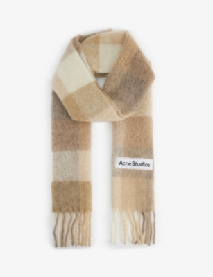 Acne Studios Womens White Beige Vally Checked Wool-blend Scarf