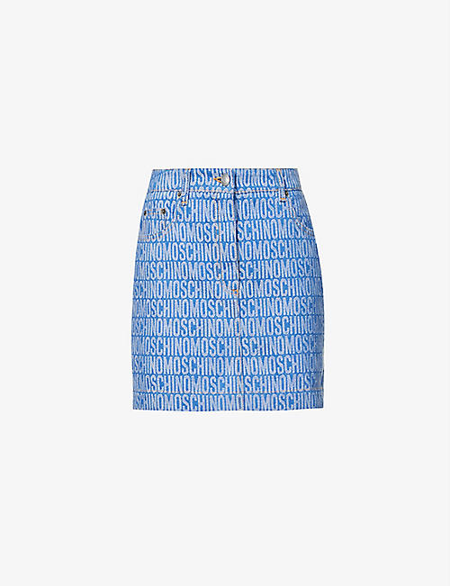 MOSCHINO: Monogram-print cotton-blend denim mini skirt