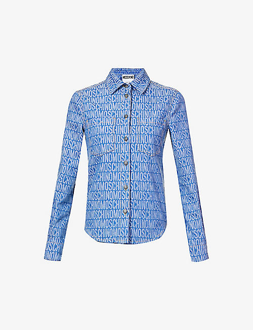 MOSCHINO: Monogram-print cotton-blend denim shirt