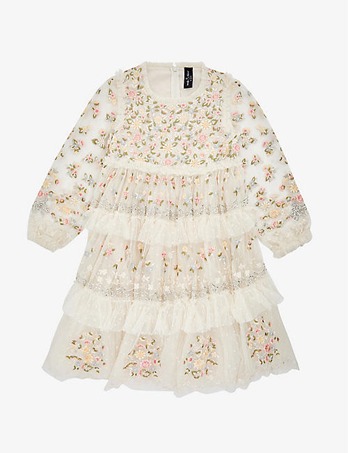NEEDLE AND THREAD: Primrose flower-embroidered bead-embellished woven mini dress 4-10 years