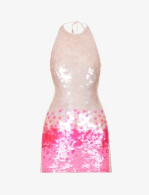 David Koma Gradient Sequined Halter Minidress In Neon Pink