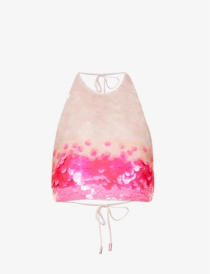 Shop David Koma Sequin-embellished Halter-neck Woven Top In Neon Pink