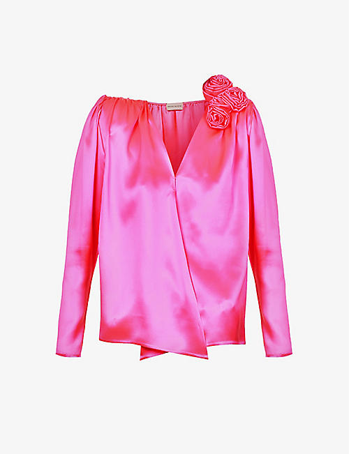 MAGDA BUTRYM: Flower-embellished V-neck silk blouse