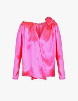 Magda Butrym Pink Blouse With Floral Applique And Belt In Silk Woman In Pink