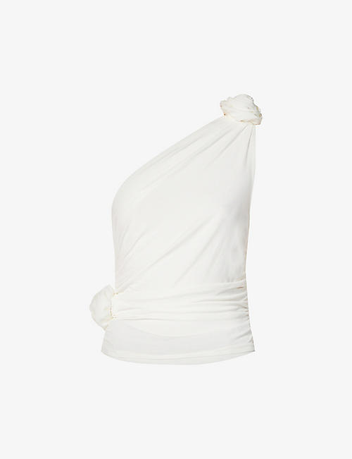 MAGDA BUTRYM: Flower-embellished one-shoulder stretch-woven top