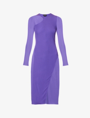 TOM FORD TOM FORD WOMEN'S PURPLE DALHIA TUBINO SHEER-PANEL WOVEN MIDI DRESS,63592710