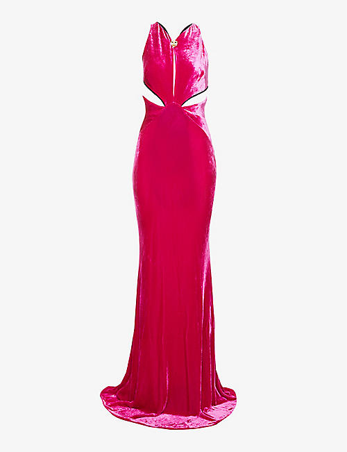 ROBERTO CAVALLI: Panther-embellished V-neck velvet gown