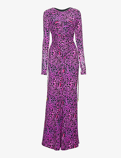 ROBERTO CAVALLI: Animal-print ruched stretch-woven gown