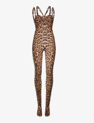 Roberto Cavalli Womens Macula Naturale Leopard-print Slim-fit Stretch-woven Jumpsuit In Macula Naturale