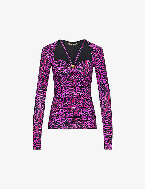 ROBERTO CAVALLI: Animal-print cut-out stretch-woven top