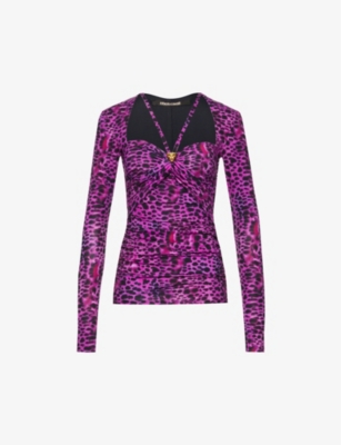 dressing gownRTO CAVALLI ROBERTO CAVALLI WOMEN'S FUXIA ANIMAL-PRINT CUT-OUT STRETCH-WOVEN TOP,63594684