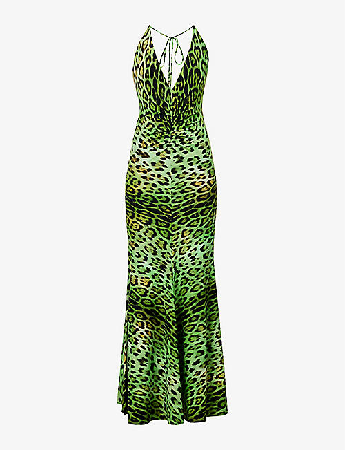 ROBERTO CAVALLI: Leopard-print halter-neck stretch-woven maxi dress