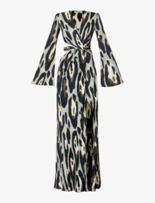 Roberto Cavalli Leopard-print Cut-out Maxi Dress In Gray