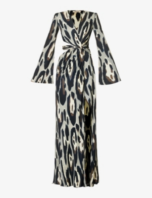 ROBERTO CAVALLI ROBERTO CAVALLI WOMEN'S GRAY CUT-OUT ANIMAL-PRINT WOVEN MAXI DRESS,63595056