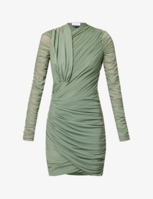 Az Factory Ruched Asymmetric Draped Mini Dress In Khaki
