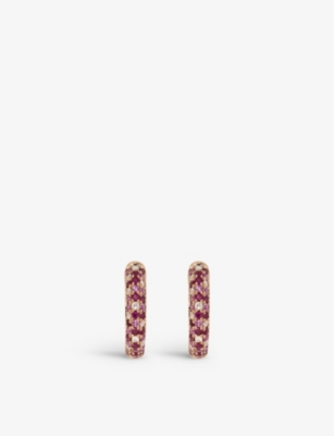 ROXANNE FIRST: Speckled 14ct rose-gold, 0.08ct brilliant-cut diamond, 0.16ct pink-sapphire, 0.22ct ruby huggie earrings