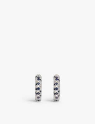 ROXANNE FIRST: Speckled 14ct white-gold, 0.08ct brilliant-cut diamond, 0.16ct blue-sapphire huggie earrings