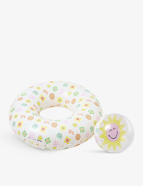 SUNNYLIFE: Graphic-print pool ring and smiley ball set
