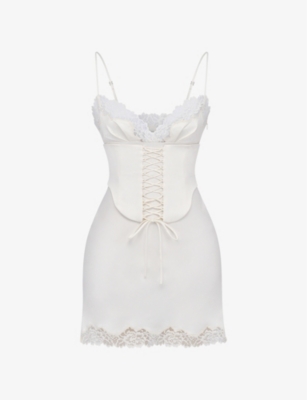 Shop House Of Cb Soraya Lace-trimmed Satin Mini Dress In Ivory