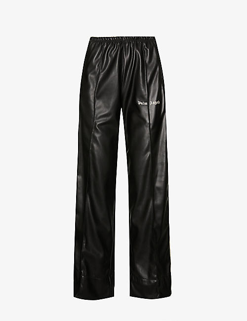 PALM ANGELS: Logo-embellished wide-leg mid-rise faux-leather trousers