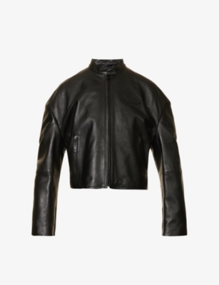 Zipped cuffs grained leather jacket