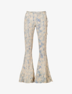 ACNE STUDIOS ACNE STUDIOS WOMEN'S BLUE BEIGE FLORAL-PRINT FLARED-LEG MID-RISE WOVEN TROUSERS,63618618