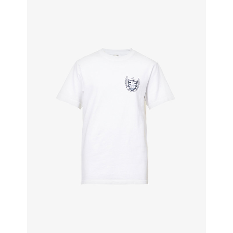 SPORTY AND RICH SPORTY & RICH WOMENS WHITE NAVY BEVERLY HILLS LOGO-EMBELLISHED COTTON-JERSEY T-SHIRT,63629577