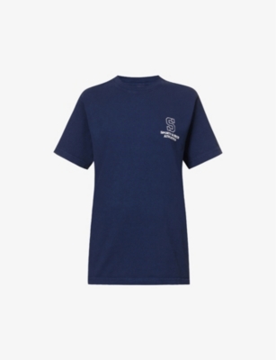 SPORTY AND RICH SPORTY & RICH WOMEN'S NAVY WHITE COLLEGE LOGO-PRINT COTTON-JERSEY T-SHIRT,63629898