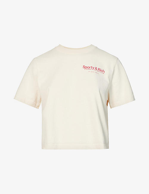 SPORTY & RICH: Cropped brand-print cotton-jersey T-shirt