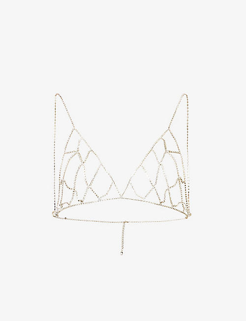 LOVE STORIES: Rhinestone-embellished V-neck metal bra