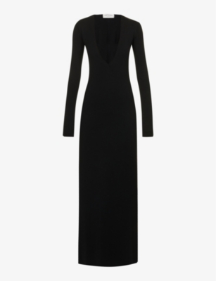 Saint Laurent Plunge-neck Wool Maxi Dress In Noir
