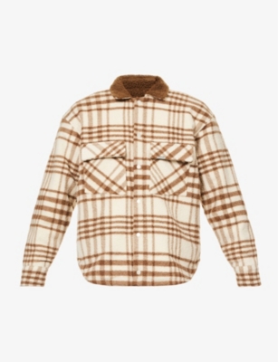 REPRESENT REPRESENT MEN'S BROWN AND BONE SHERPA PLAID-PATTERN WOOL-BLEND JACKET,63642354