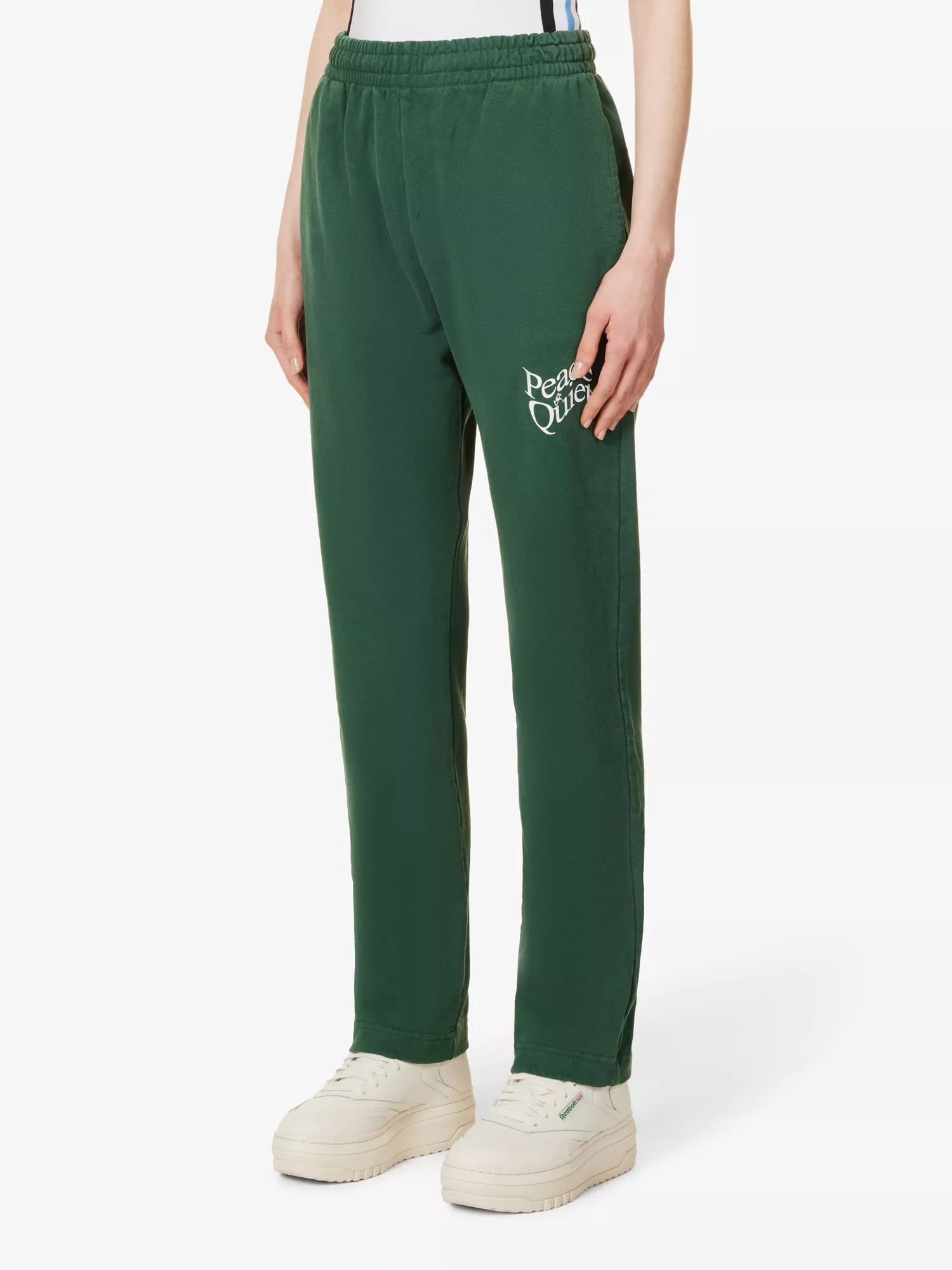 MUSEUM OF PEACE AND QUIET MUSEUM OF PEACE AND QUIET WOMEN'S FOREST WARPED LOGO LETTERING COTTON-JERSEY JOGGING BOTTOMS,63644501