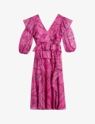 Shop Ted Baker Women's Brt-pink Victoir Graphic-print Tie-waist Woven Midi Dress