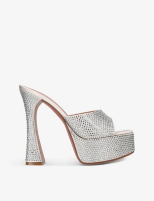 Shop Amina Muaddi Dalida Platform-sole Satin Heeled Sandals In Silver