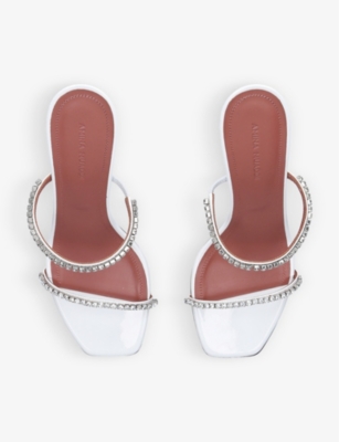 Shop Amina Muaddi Womens White Gilda Crystal-embellished Leather Heeled Mules