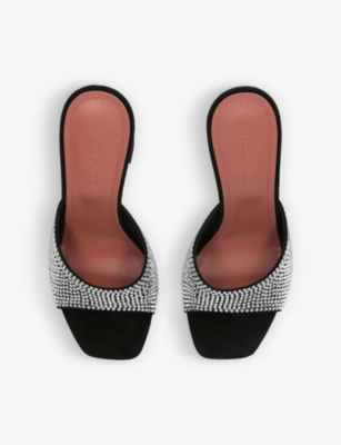 Shop Amina Muaddi Womens Black Lupita Crystal-embellished Leather Heeled Mules