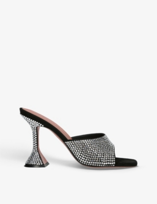 Shop Amina Muaddi Womens Black Lupita Crystal-embellished Leather Heeled Mules