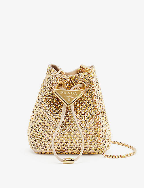 PRADA: Crystal-embellished mini leather bucket bag