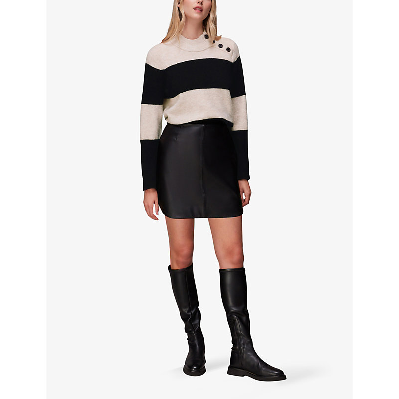 Shop Whistles Womens Black Button-neck Stripe Knitted Jumper