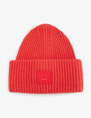 Acne Studios Pansy Face Patch Rib Wool Beanie In Sharp Red