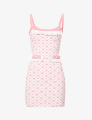 Alessandra Rich Heart-print Knitted Mini Dress In Light Pink White
