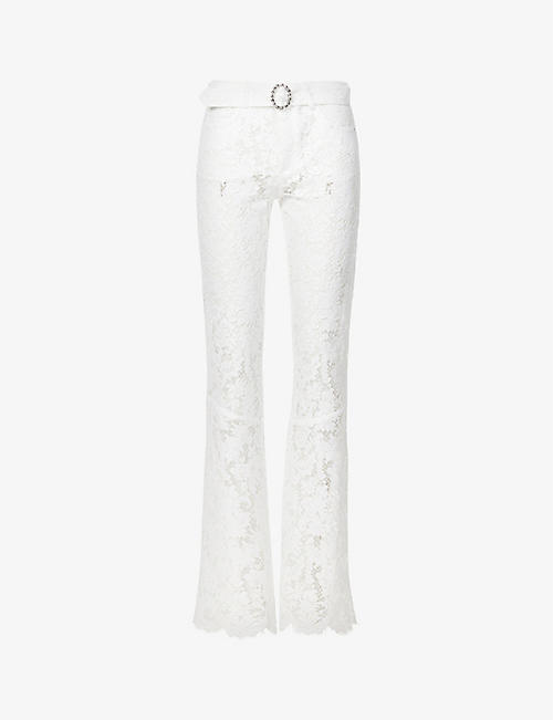 ALESSANDRA RICH: Lace-embroidered belted wide-leg high-rise cotton-blend trousers
