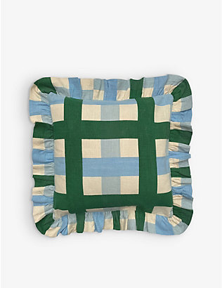 AMUSE LA BOUCHE: Checked ruched-trim cotton outdoor cushion cover 45cm x 45cm