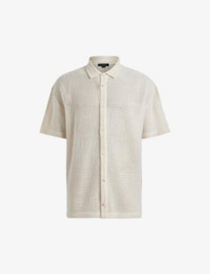 Allsaints Mens Chalk White Munroe Stripe-pattern Relaxed-fit Organic-cotton Shirt In Chalk White
