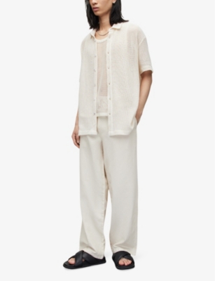 Shop Allsaints Mens Beige Hanbury Straight-leg Mid-rise Cotton And Linen-blend Trousers