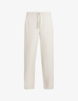 Shop Allsaints Men's Beige Hanbury Straight-leg Mid-rise Cotton And Linen-blend Trousers