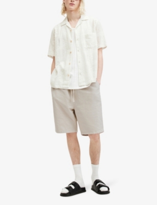 Shop Allsaints Men's Milky Grey Hanbury Drawstring-waist Cotton And Linen-blend Shorts
